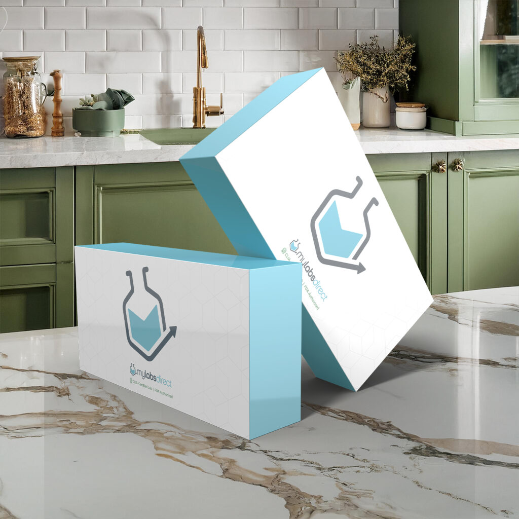 My Labs Direct At-Home Health Test Kits on kitchen counter