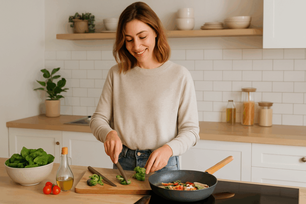 Healthy young woman preparing health meal at home for Nutrient Health by My Labs Direct